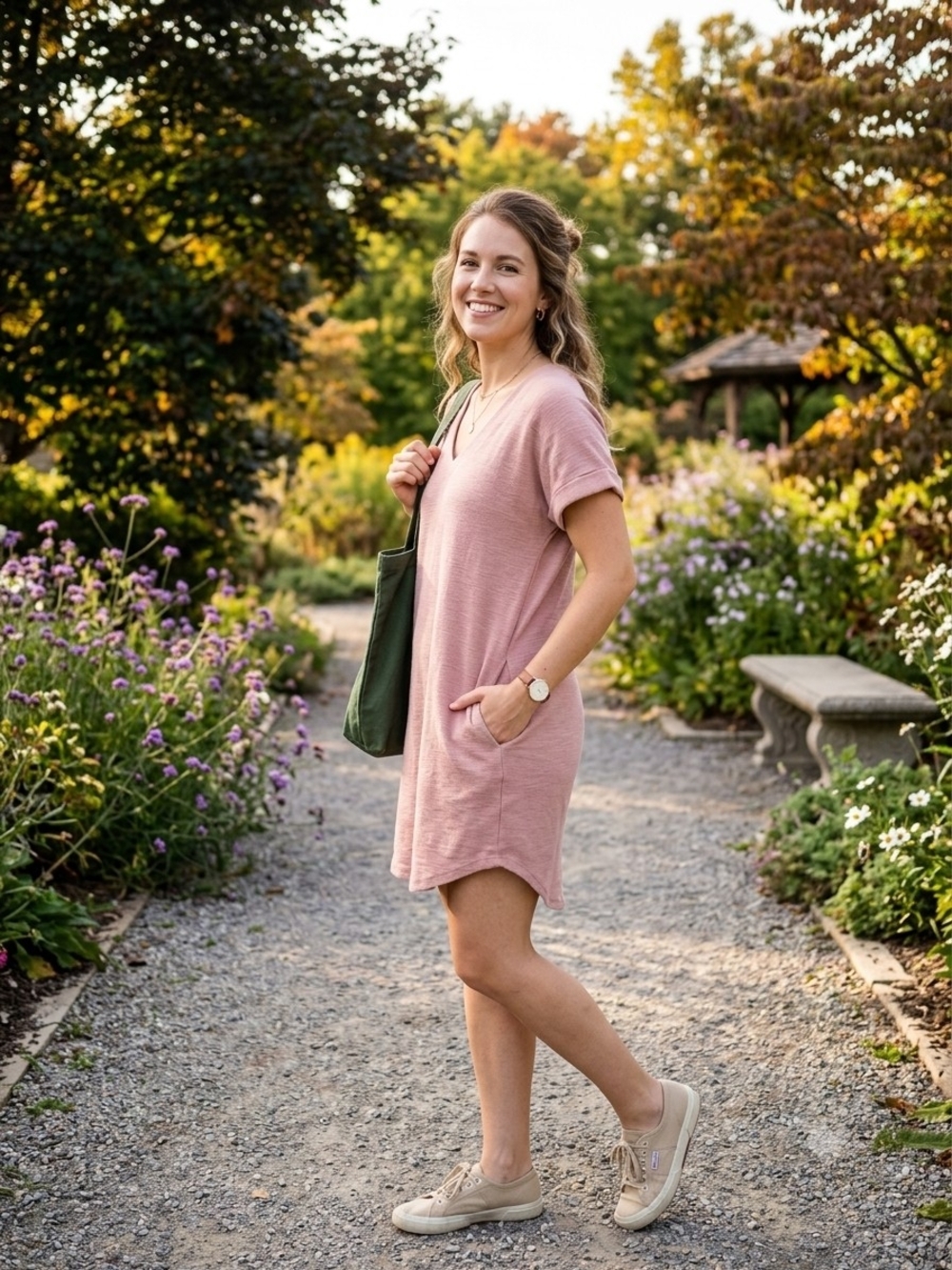 loveriche Size Small Rose Pink Slub Knit V-Neck Tunic Dress with Pockets Cuffed